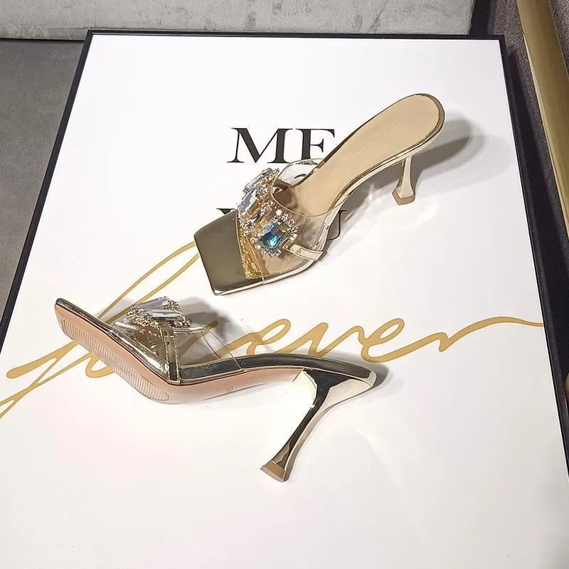 New Design 2026 Hots Women's Rhinestone Clear Strap Heeled Mules Silver/Champagne Square Toe Sandals_voghion.com