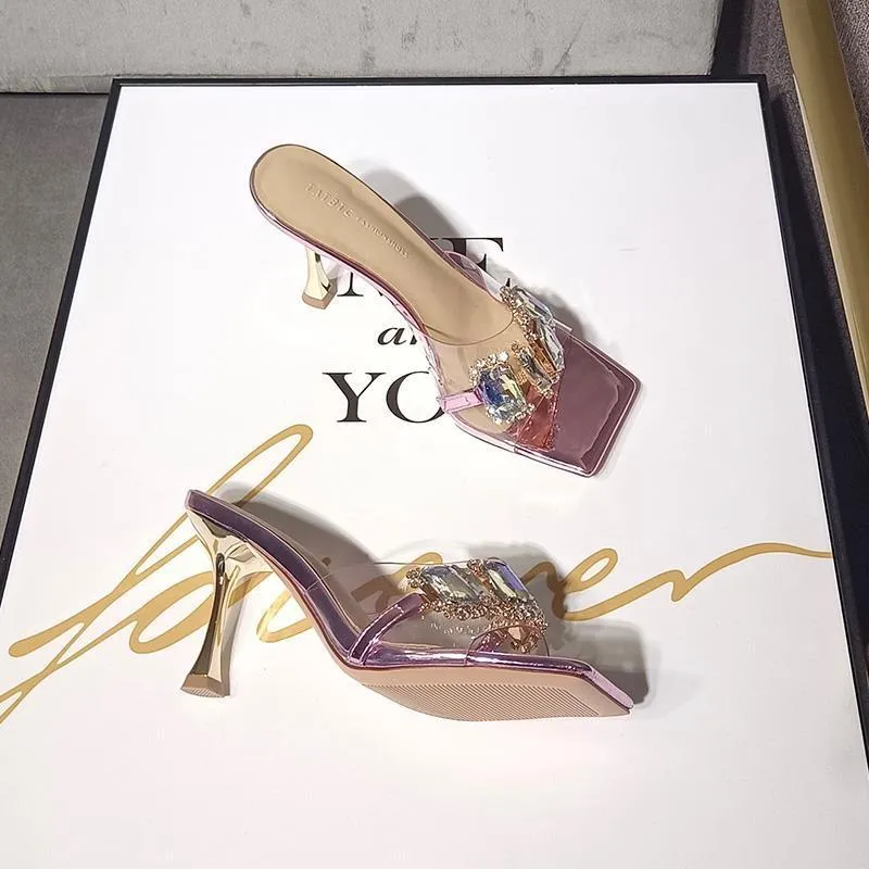 New Design 2026 Hots Women's Rhinestone Clear Strap Heeled Mules Silver/Champagne Square Toe Sandals_voghion.com