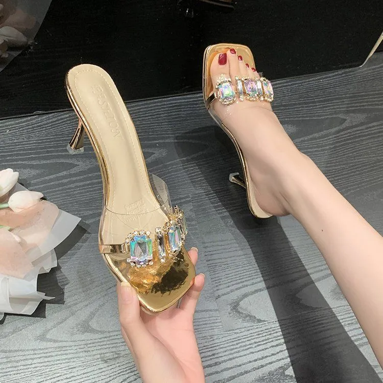 Women's Rhinestone Clear Strap Heeled Mules Silver Square Sandals_voghion.com