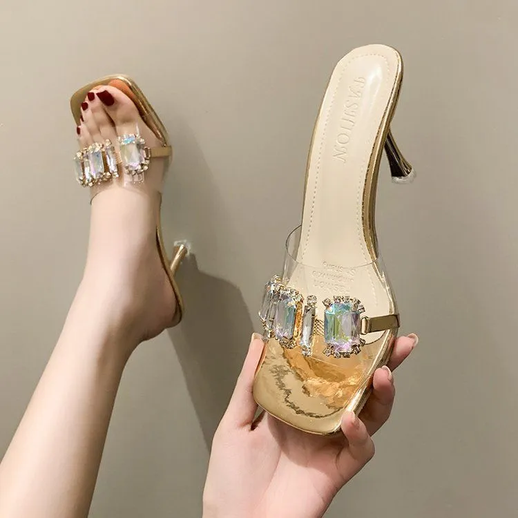 Women's Rhinestone Clear Strap Heeled Mules Silver Square Sandals_voghion.com