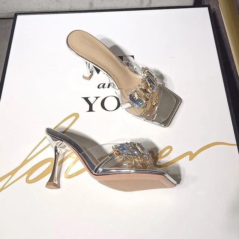 New Design 2026 Hots Women's Rhinestone Clear Strap Heeled Mules Silver/Champagne Square Toe Sandals_voghion.com