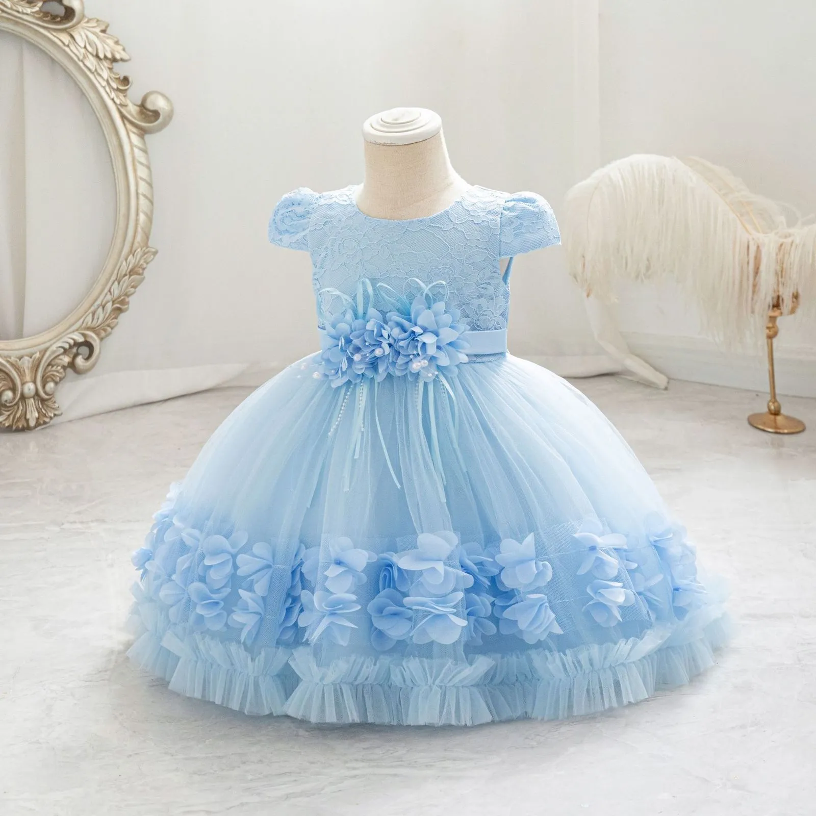 open lace back dress Cute Baby Girl Puffy Flower Dress Toddler Birthday Party Princess Dres –  marryshe main image 0