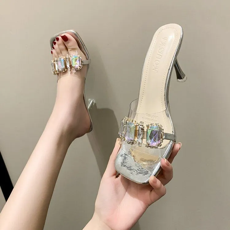 Women's Rhinestone Clear Strap Heeled Mules Silver Square Sandals_voghion.com