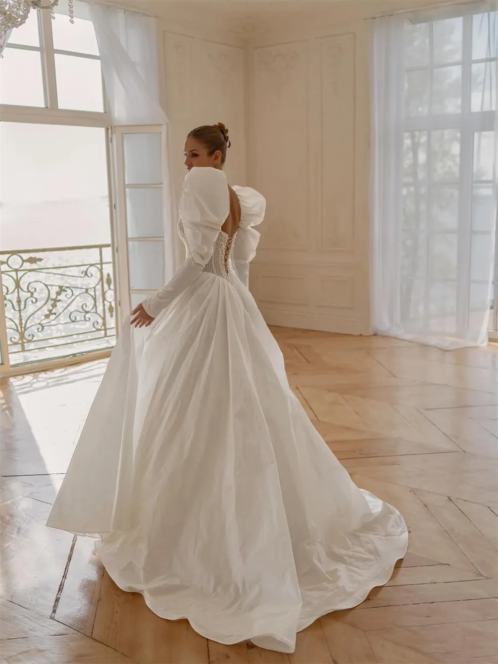Puff Sleeve Satin A Line Wedding Dress Beaded Bodice... From 104,5  |  DHgate