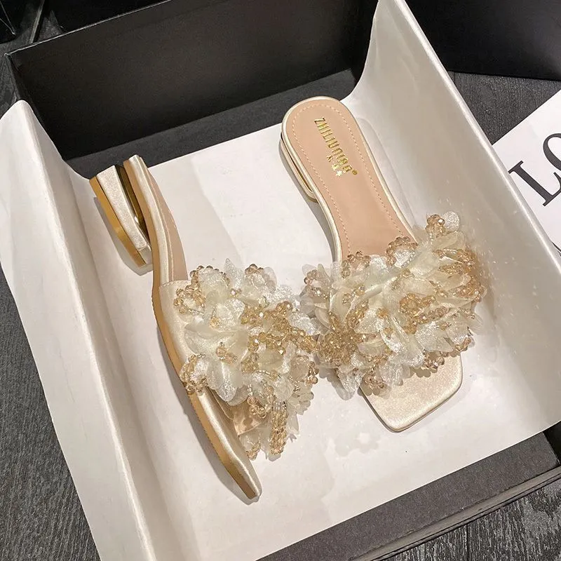 Luxury Gold Square‑Toe Floral Beaded Slippers – 71% OFF, Best Price Today!