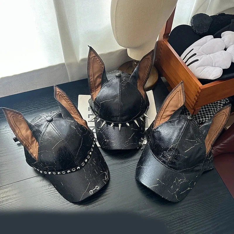 Niche Punk Leather Rivet Dog Ears Baseball Caps... From 14  display picture 1
