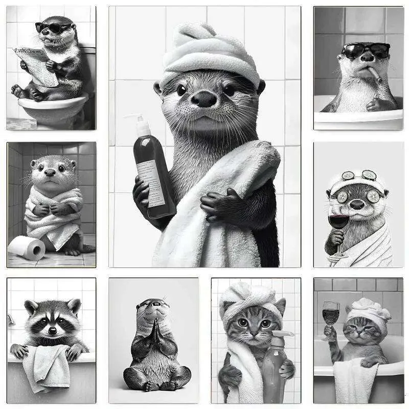 Funny Otter And Raccoon Bathroom Canvas Wall Art Black & White Animal ...