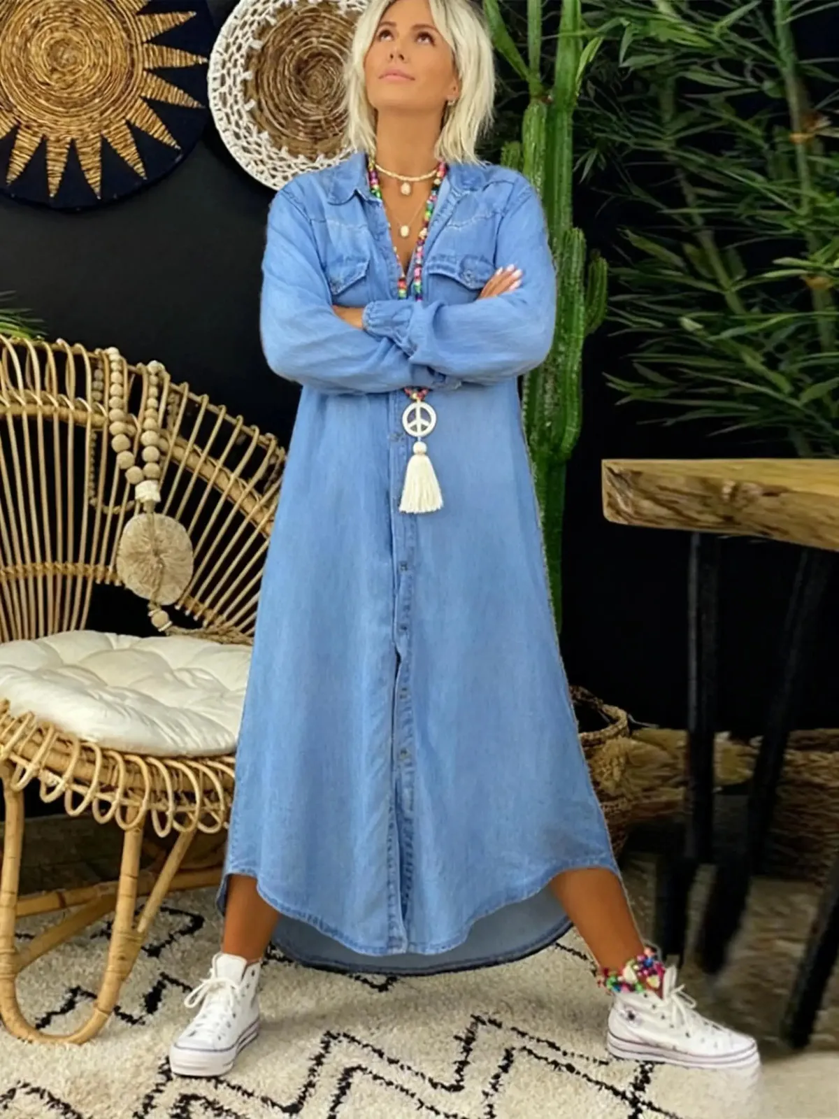 loose denim dress NSLGXD Womens Dresses Midi Casual Turndown Collar Button Down Long Sleeve Jean Dress Fit Comfy Knee Length Dresses with Pockets Loose-fitting striped denim dress made