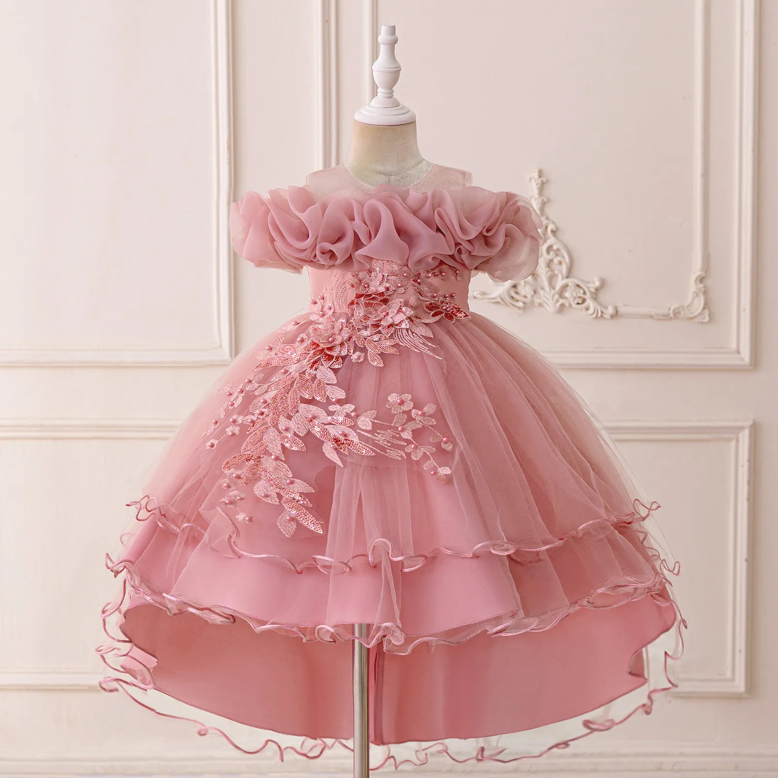 open lace back dress Elegant Baby Girls Pink Flower Girl One-Year-Old Princess Toddler Beauty Pageant Dress main image 0