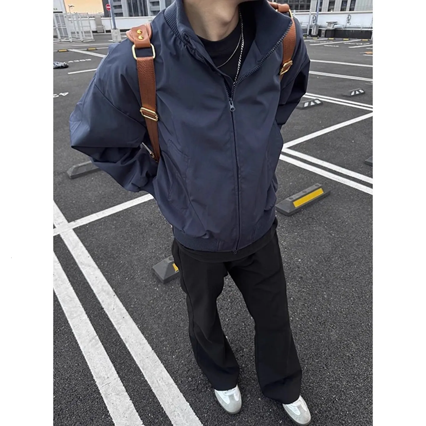 LJ201013 Navy Blue Mens Bomber Jacket Stand Collar,... From Luo04 