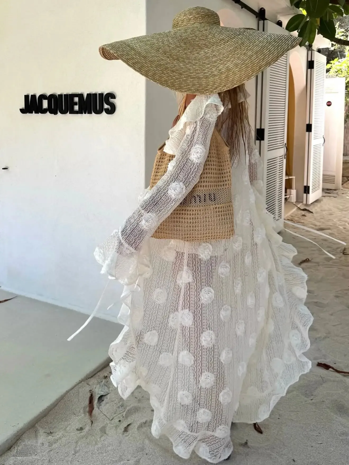 knitted dresses summer flower 3D Knit Dress - Ruffle Flying Sleeve Long Cover-Up for Women back_welt_pocket--yes