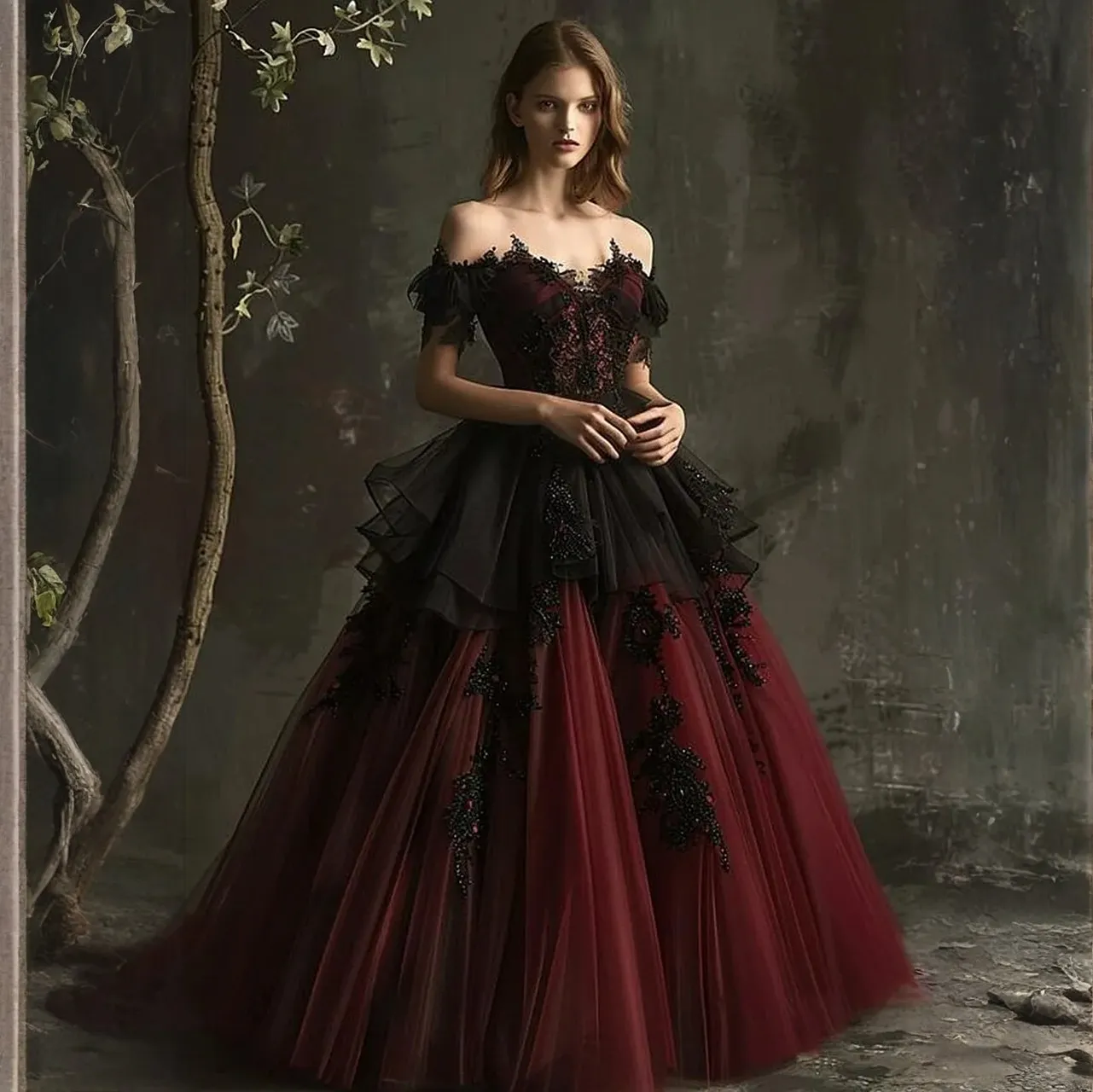 Burgundy Black Gothic Wedding Dresses Off Shoulder... From Myohmydress ...