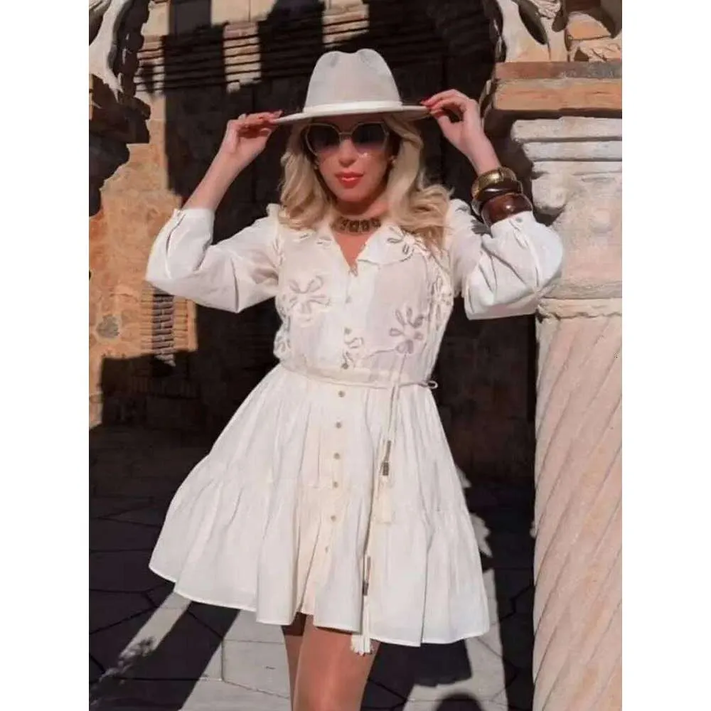 mini boho floral embroidery dress WOMEN'S SHORT SLEEVE FLORAL EMBROIDERY LOOSE FIT MINI DRESS ICE BLUE / 2S-2M-2L