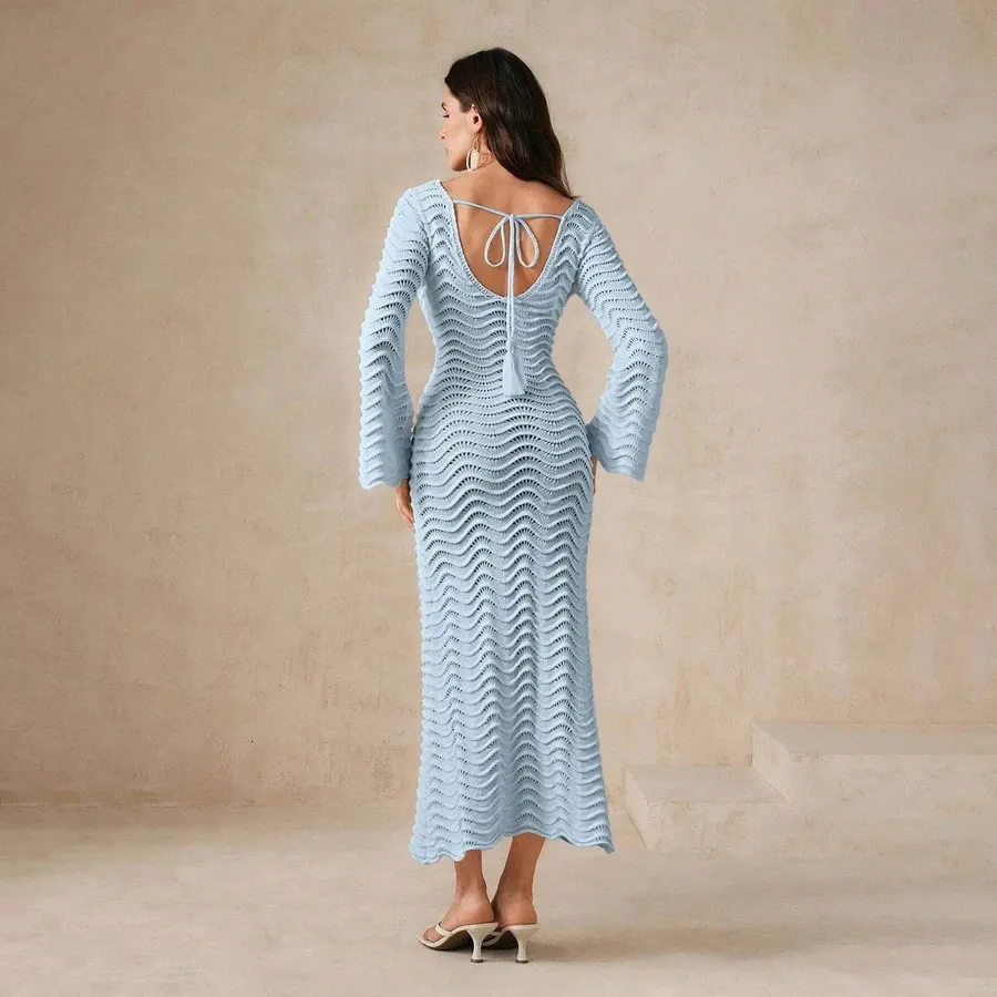 Para Praia Crochet Fishtail Flare Sleeve Maxi Dress Knit Beach Hollow Out Deep V-Neck Bikini Cover-Ups Backless Floor-Length Summer from Dhgate Urban Sexy Dresses