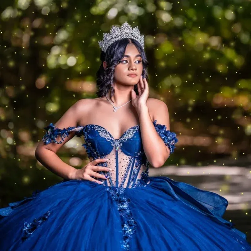 sweet 16 navy blue dresses Dress Description Dark blue tulle off shoulder long prom dress Mexico Navy Quinceanera Dress Ball