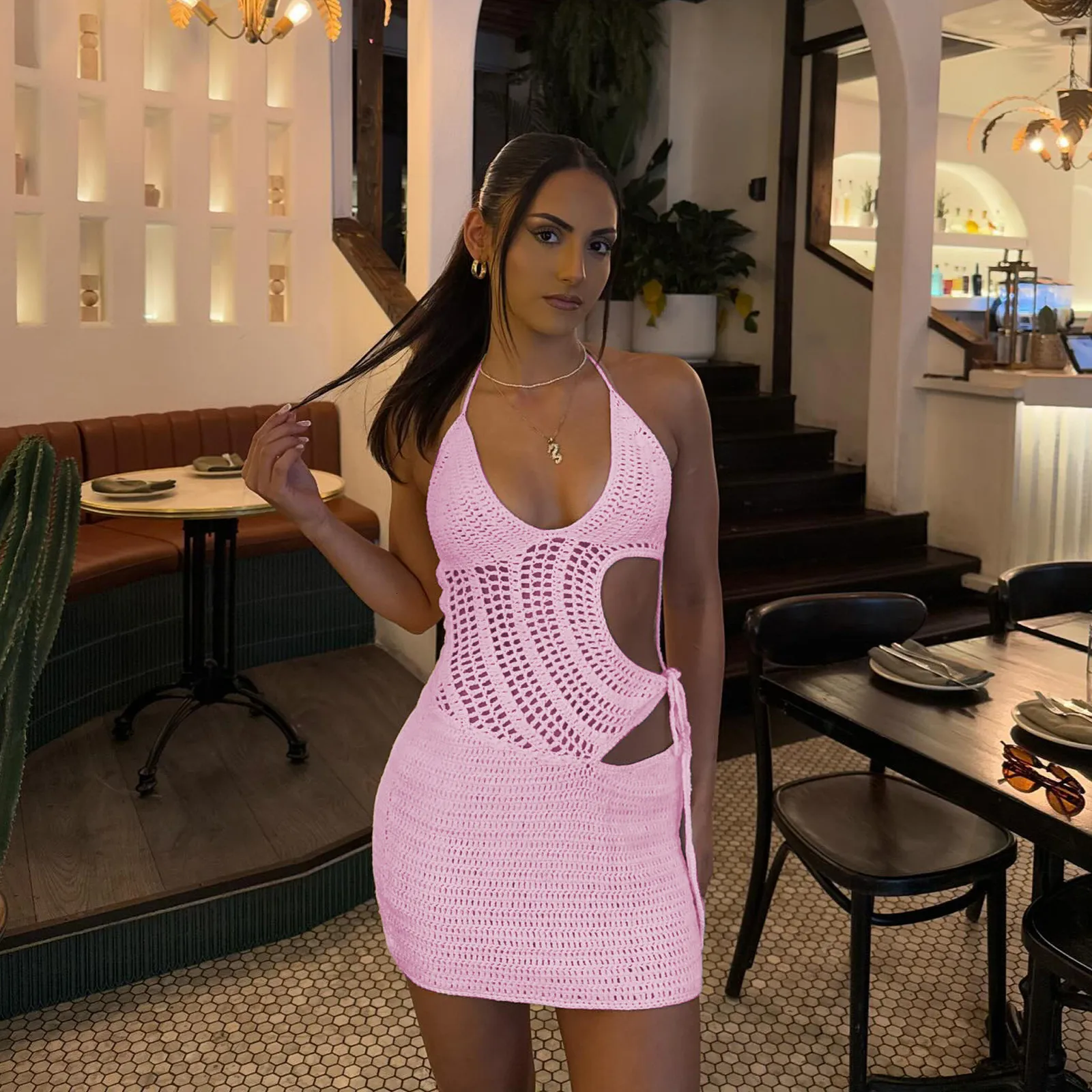 Halter Backless Mini Dress Summer Knit Crochet... From Domainstore, $19.66  In Bulk | DHgate.Com