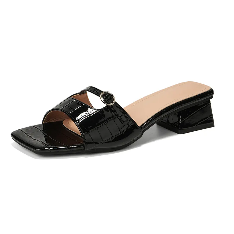 Cross Border New Style Ladies Pointed Toe Slip On Sandals With Thick Heels For Outer Wear Made Of Genuine Leather Free_voghion.com