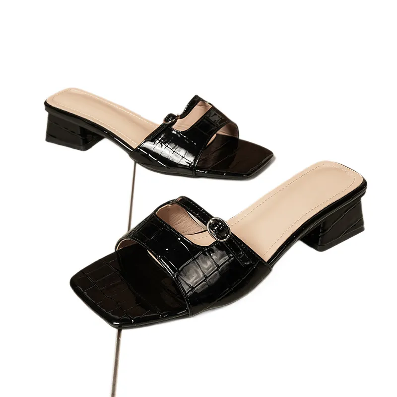 Cross Border New Style Ladies Pointed Toe Slip On Sandals With Thick Heels For Outer Wear Made Of Genuine Leather Free_voghion.com