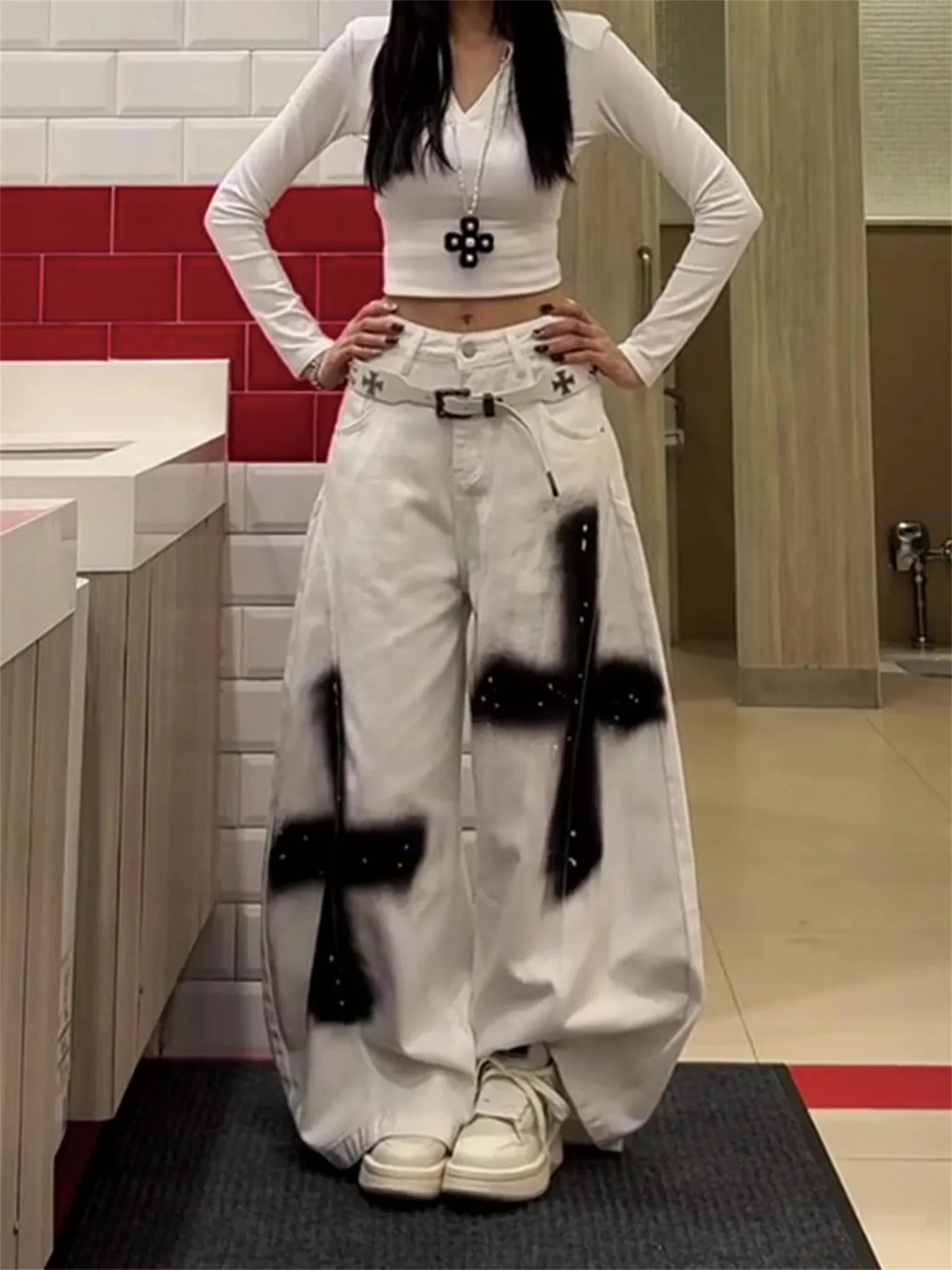Y2K Womens High Waist Bootcut White Jeans Black Cross Graffiti