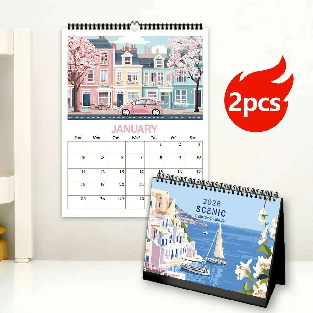Travel Diary Theme Desk Calendar Set with 12 Unique Designs, Navy Blue ...