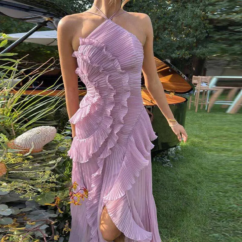 Purple A-Line Ruffles Backless Party Gown Chiffon Long Evening Dress Purple / M