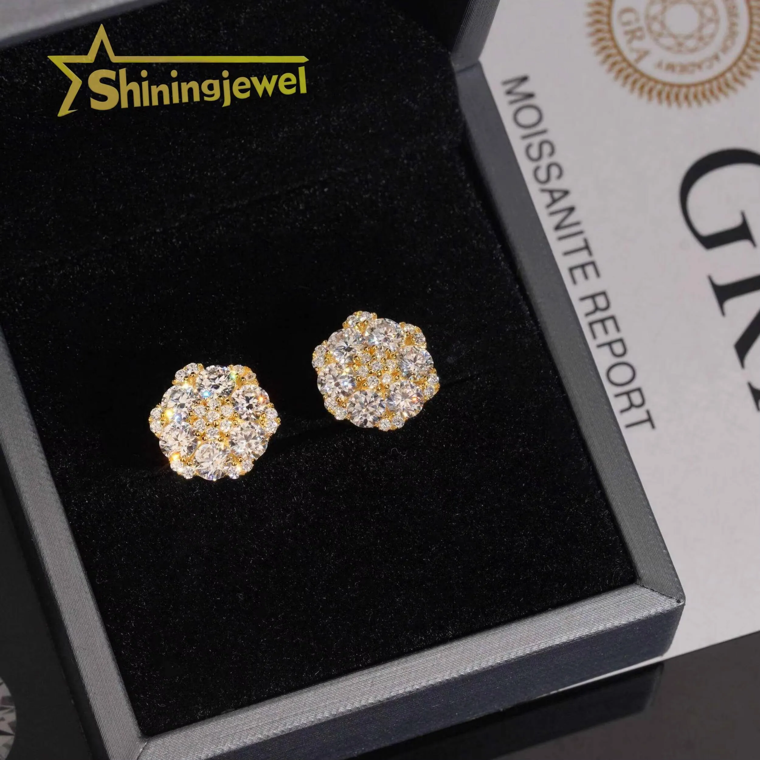 Big Cluster 13.5mm Moissanite Flower Stud Earrings Hip Hop 925 Silver Gold Plated Pass Diamond Tester_voghion.com