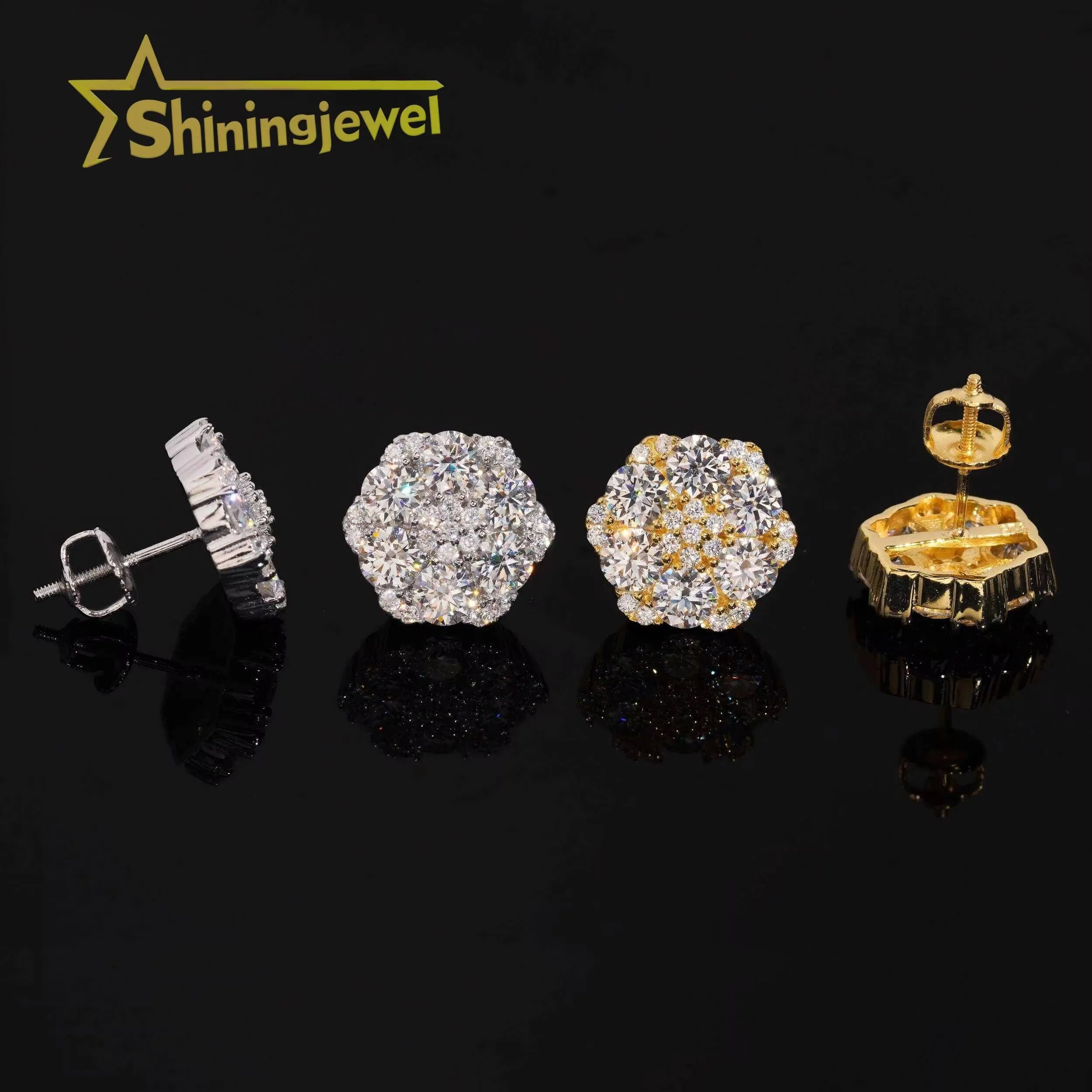 Big Cluster 13.5mm Moissanite Flower Stud Earrings Hip Hop 925 Silver Gold Plated Pass Diamond Tester_voghion.com