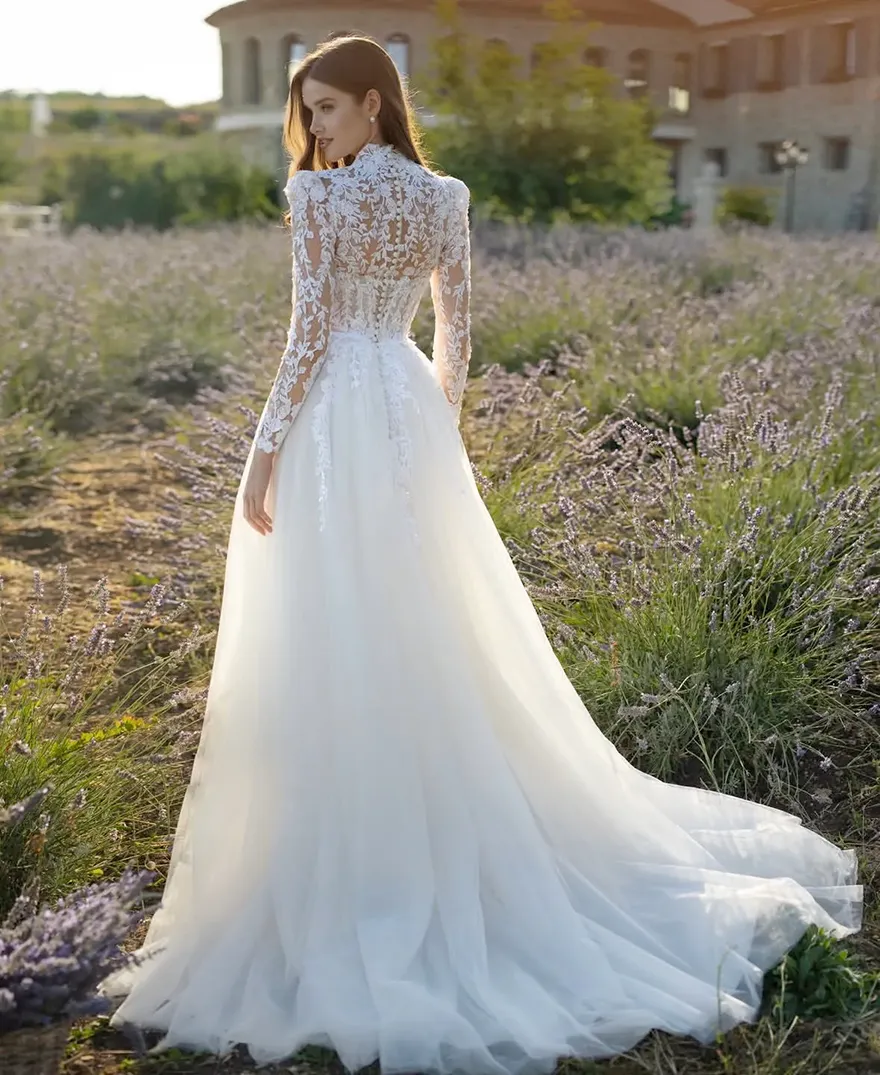 country long sleeve wedding dresses Elegant Floral Boho A-Line Lace Long Sleeve Summer Wedding Dress Beach Country Unique Plunging Full Body Appliqued Bridal Gown with Fringe