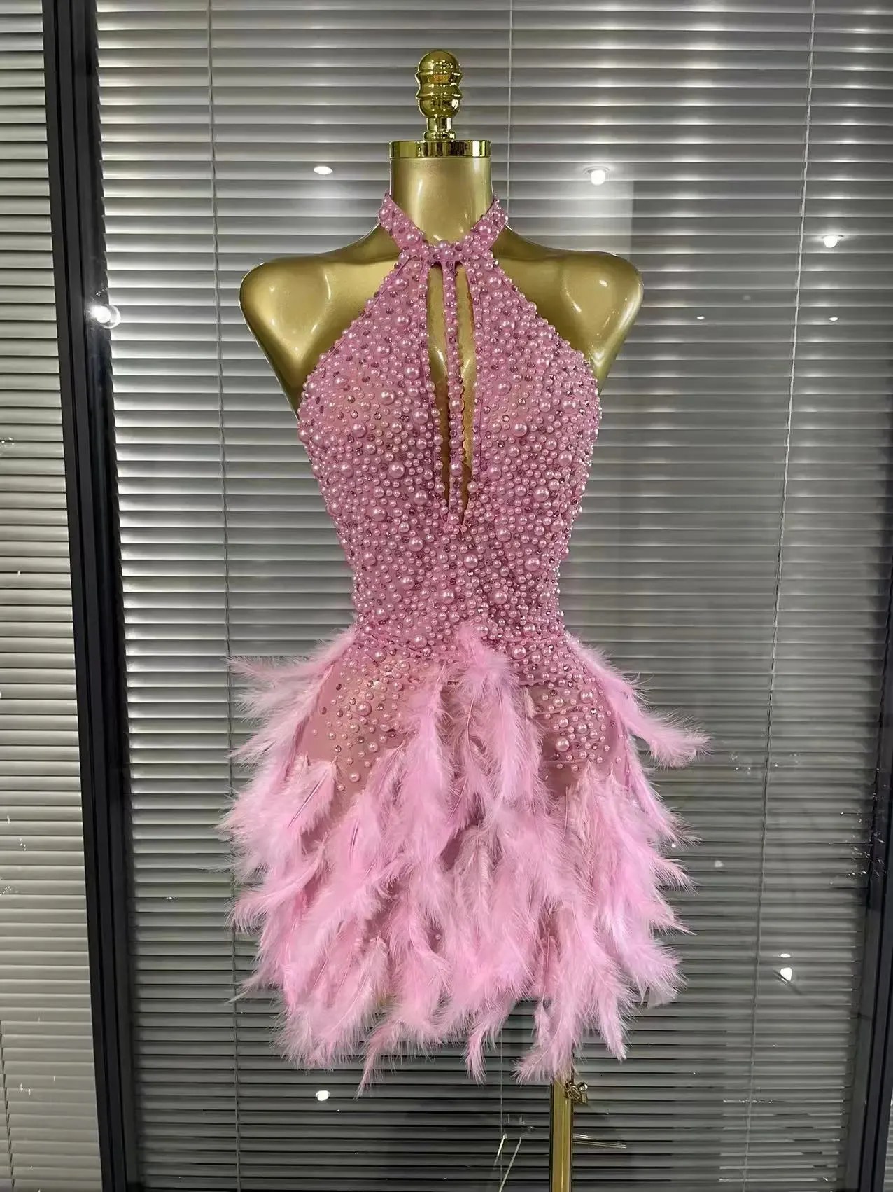 perla halter mini dress pink Patbo pink fringe hand breaded pearl halter mini dress S by PatBO