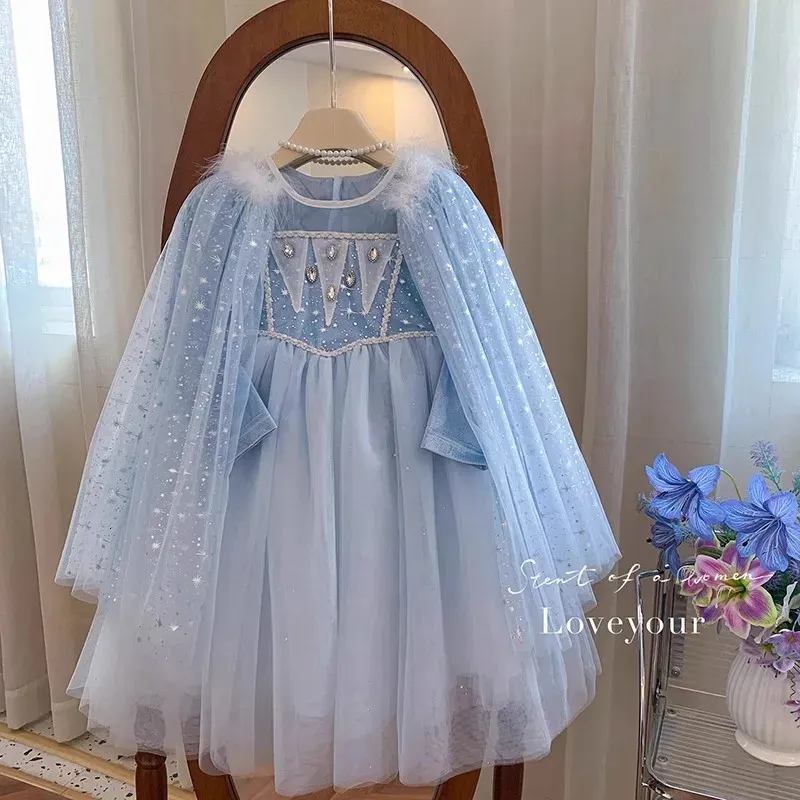 Elsa Frozen Princess Dress with Detachable Cape Long Sleeve Velvet Sequins  Snowflake Dresses for 2-10 Years Girls Party Costume 260114