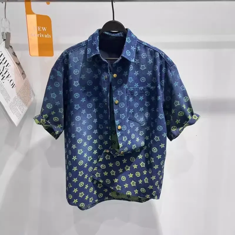 Luxury Brand Designer Clothes 2025 Men's Summer New Trendy Brand Men's Shirt Fashion Loose Gradient Rainbow Vintage Floral Denim Short Sleeve Shirt For Men