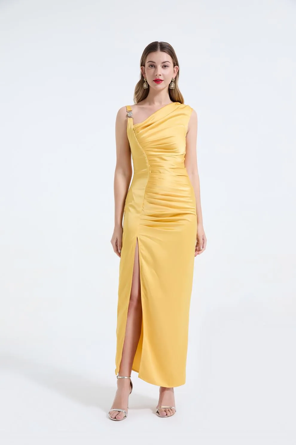 one shoulder polyester dress Women's One Shoulder Long Sleeve Dress with Slit Sheer Overlay and Opaque Stretch Bodice 95% Polyester 5% Elastane