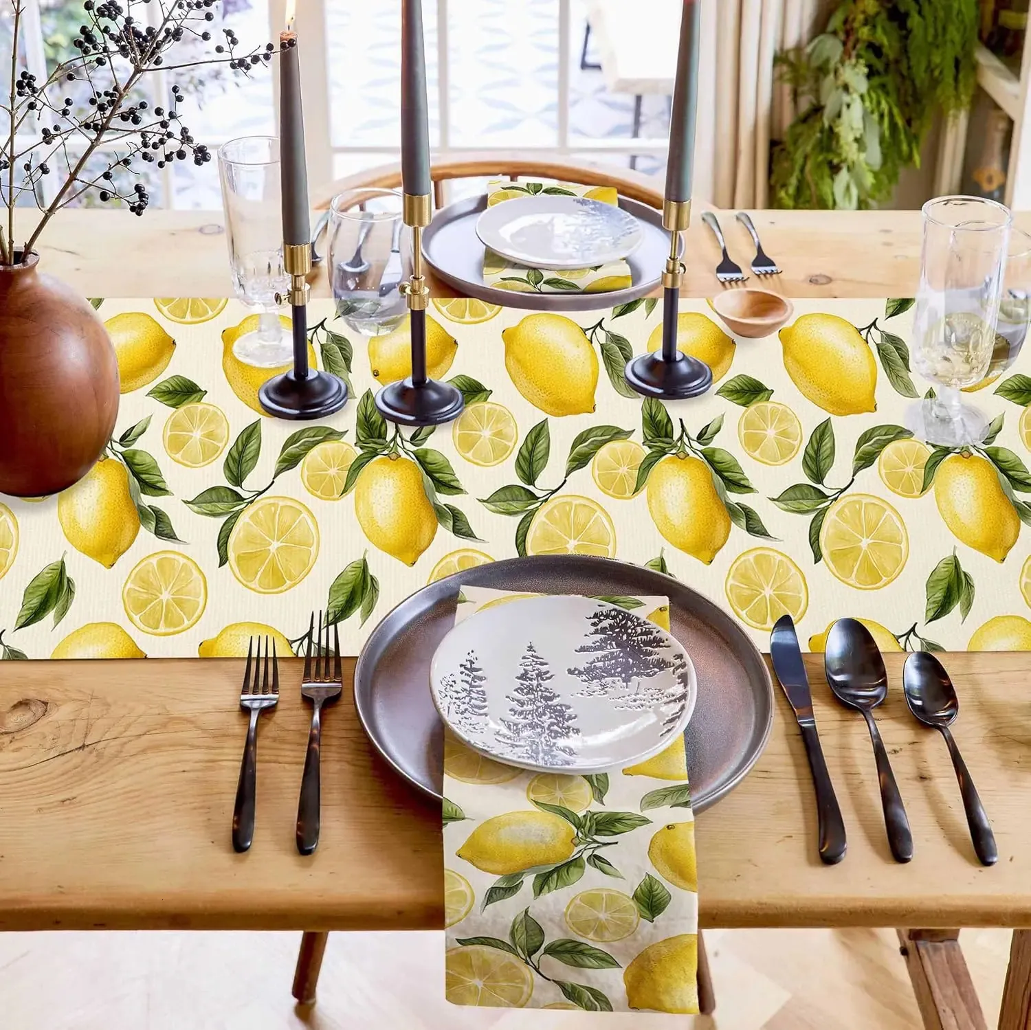 Leinen-Tischläufer mit Sommer-Zitronen-Motiv, Urlaub, Hochzeit, Party-Dekoration, Aquarell, Sommer-Bauernhaus-Tischläufer, Esstisch-Dekoration 260124
