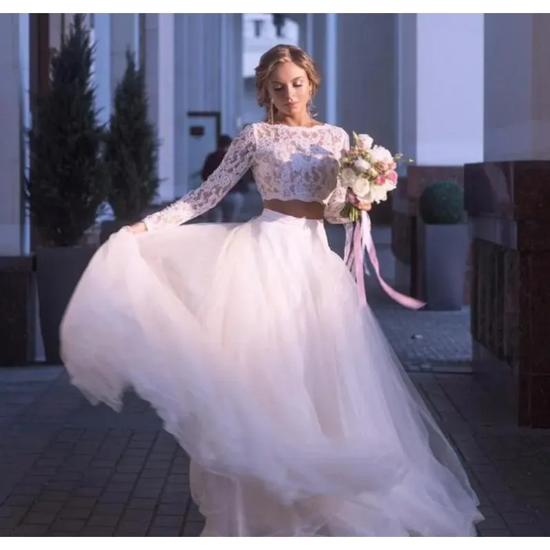 long sleeve two piece dress For Wedding Two Piece Wedding Dress With Lace Ruched Tulle Fabric neck%0D%0ALong%20sleeves%0D%0ASequined%0D%0AA Two Piece Long Sleeve Contemporary