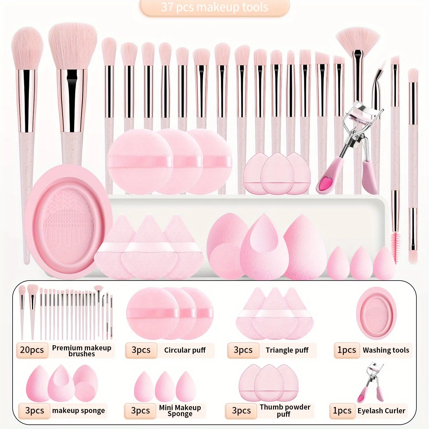 Free 37‑Piece Professional Makeup Tools Kit – Soft Brushes, Sponge, Curler & Mud Bowl (Pink)