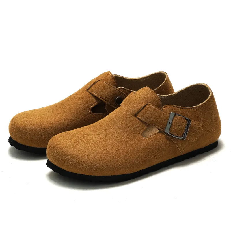 RUIZUSTOCK New Yellow Suede Closed Toe Slippers Comfortable Cork With Flat Bottom Strap For Outerwear Commuting Sandals_voghion.com