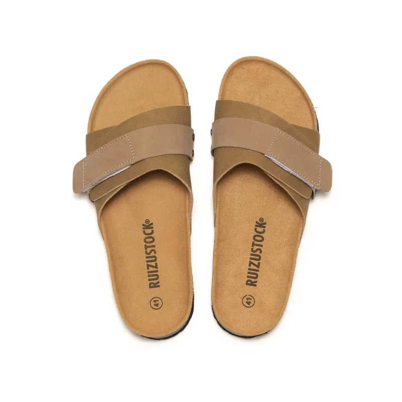 RUIZUSTOCK Men's Women's Taupe Hook And Loop Cork Sandals Comfortable Adjustable Footbed Summer Slides_voghion.com