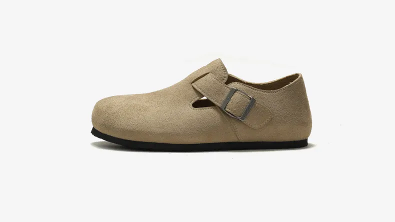 Yellow Suede Cork Sandals With Closed Toe And Flat Comfortable Strap_voghion.com