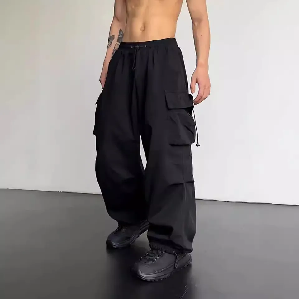 Linsennia Y2k Parachute Pants met wijde pijpen, cargobroek voor dames, baggy meisjes cargobroek, losse pasvorm, elastische taille, streetwear, Zwart, XXL