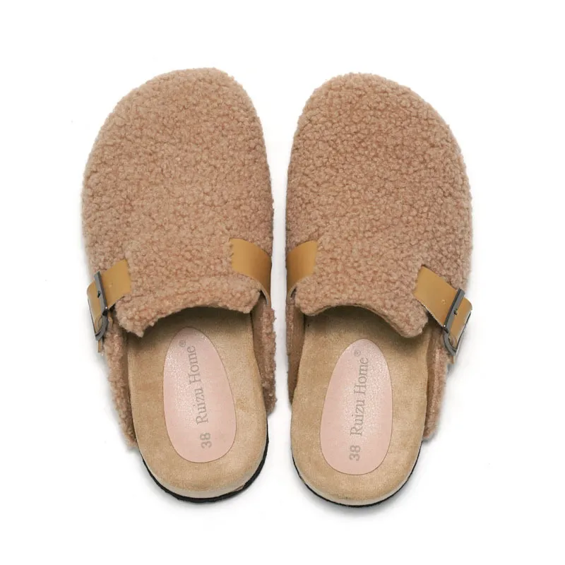 RUIZUSTOCK New Slippers Camel Teddy Fleece Closed Toe Cork Clogs Adjustable Buckle Warm Winter Slip On Mules_voghion.com