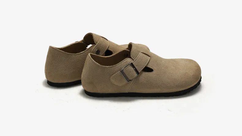 Yellow Suede Cork Sandals With Closed Toe And Flat Comfortable Strap_voghion.com