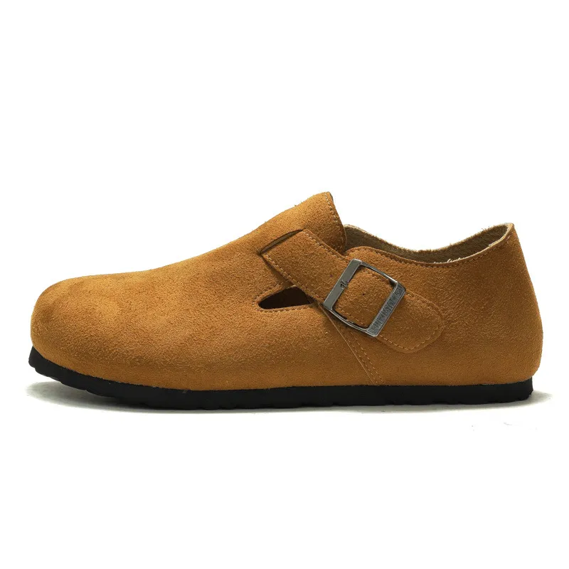 RUIZUSTOCK New Yellow Suede Closed Toe Slippers Comfortable Cork With Flat Bottom Strap For Outerwear Commuting Sandals_voghion.com