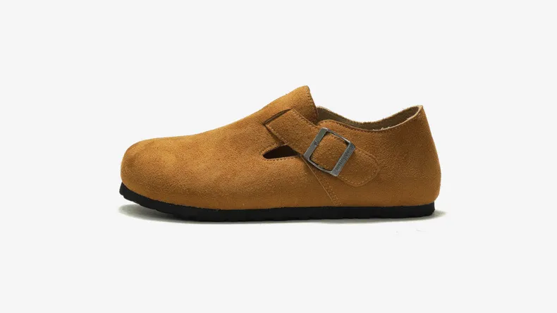 Yellow Suede Cork Sandals With Closed Toe And Flat Comfortable Strap_voghion.com