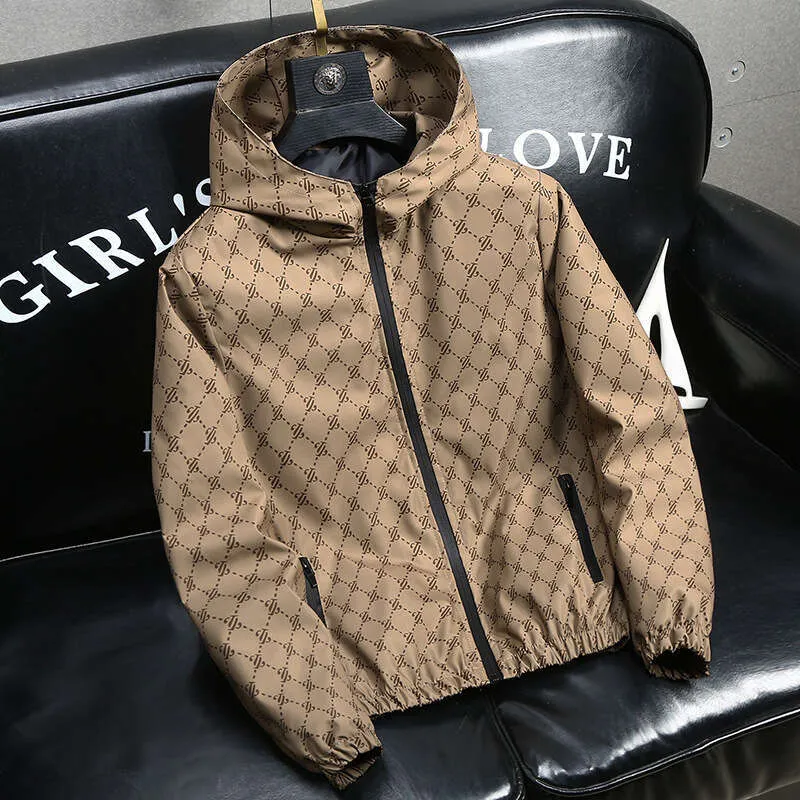 Men's Retro Monogrammed Hooded Jacket, Spring Autumn Casual Loose Windproof Coat Skinny Fit