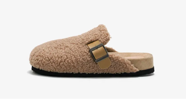 Camel Teddy Fleece Clogs For Winter Warmth With Adjustable Buckle_voghion.com