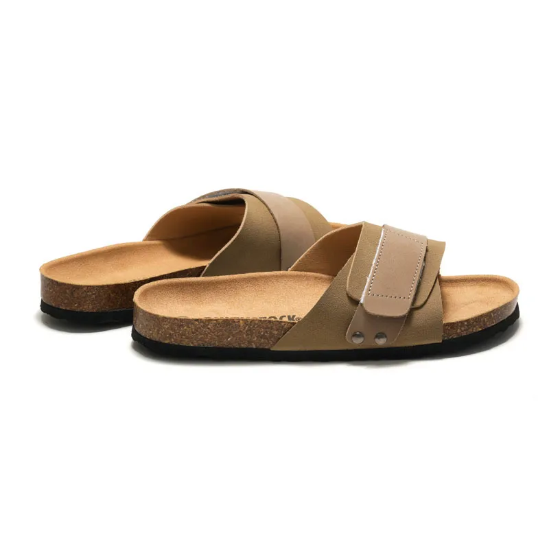 RUIZUSTOCK Men's Women's Taupe Hook And Loop Cork Sandals Comfortable Adjustable Footbed Summer Slides_voghion.com