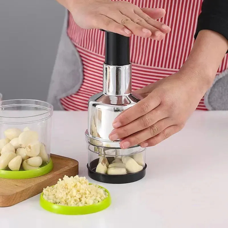 Manual Hand Press Garlic & Onion Chopper - Vegetable Food Processor Dicer (Stainless Steel)