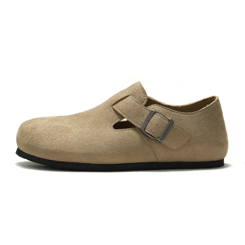 RUIZUSTOCK New Yellow Suede Closed Toe Slippers Comfortable Cork With Flat Bottom Strap For Outerwear Commuting Sandals_voghion.com