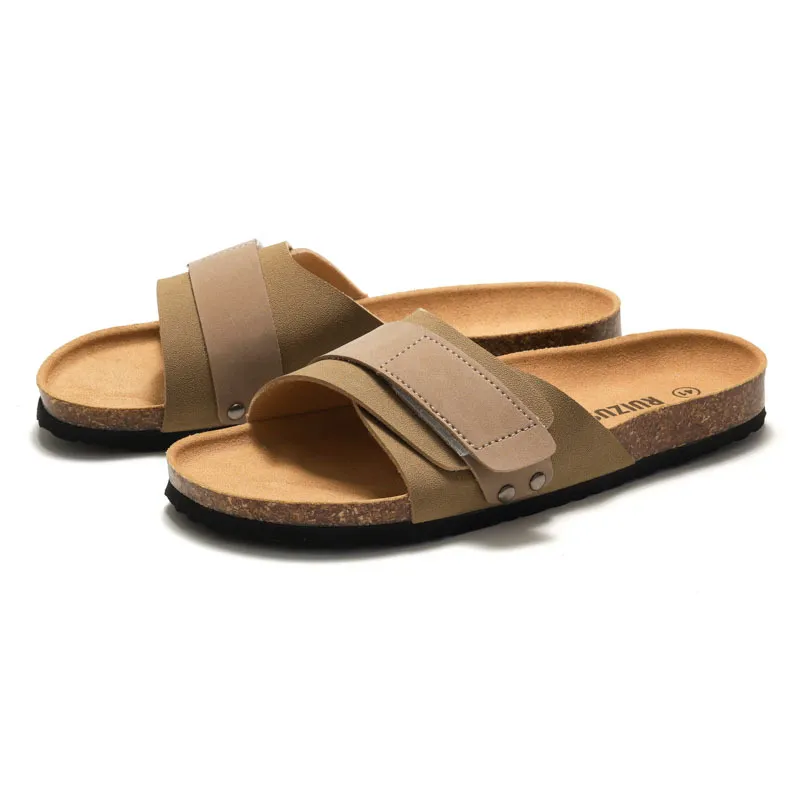 RUIZUSTOCK Men's Women's Taupe Hook And Loop Cork Sandals Comfortable Adjustable Footbed Summer Slides_voghion.com