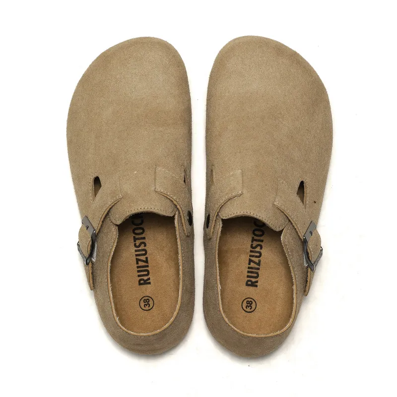 RUIZUSTOCK New Yellow Suede Closed Toe Slippers Comfortable Cork With Flat Bottom Strap For Outerwear Commuting Sandals_voghion.com